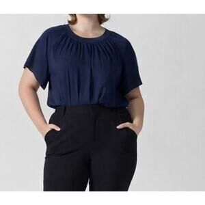 NWT Universal Standard Eros Shirt Sleeve Shirred Neck Top Blouse Navy Blue 4XS 0